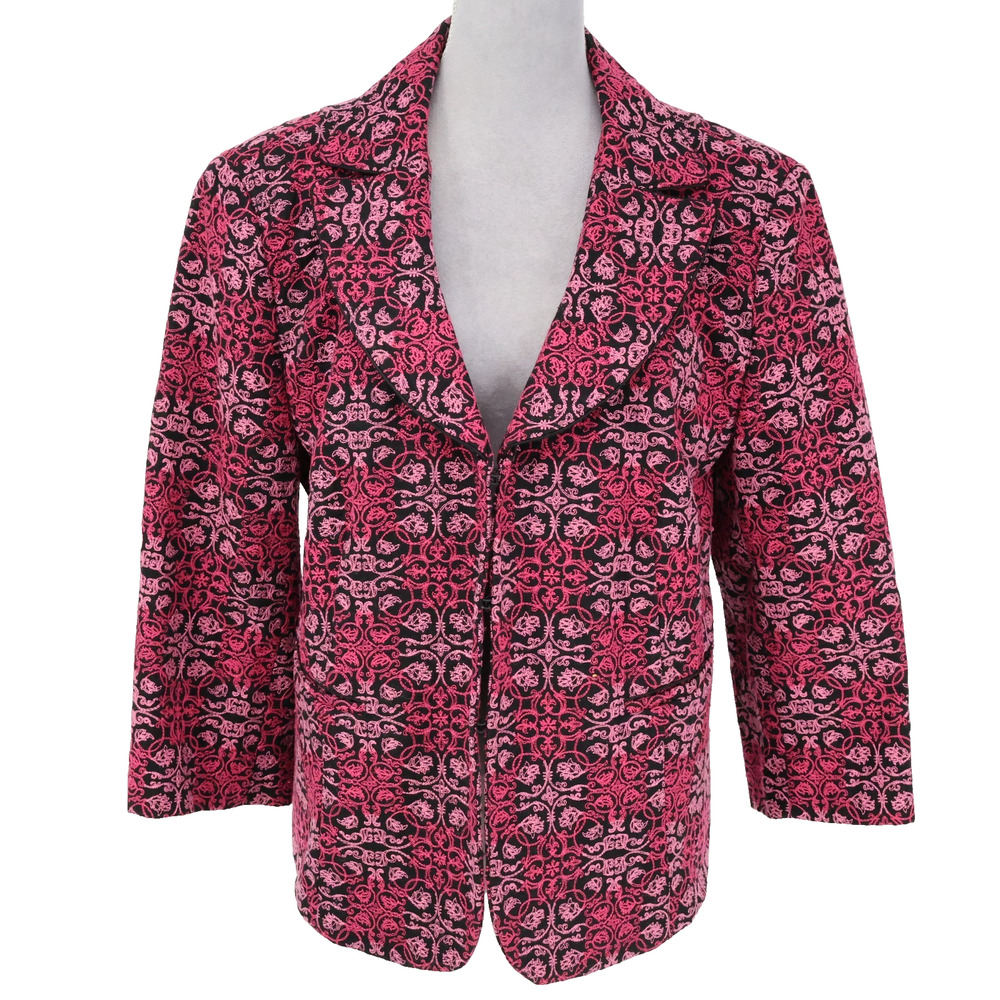 Talbots Jacket Plus Size 16W Black Pink Floral Cotton Brocade Embroidered